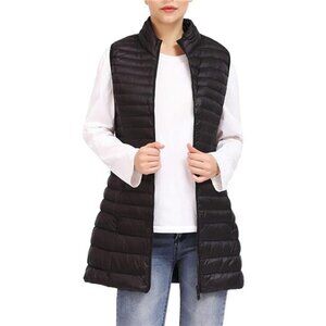 Women's Winter Ultra Light Long Down Puffer Vest with Stand Collar, Black